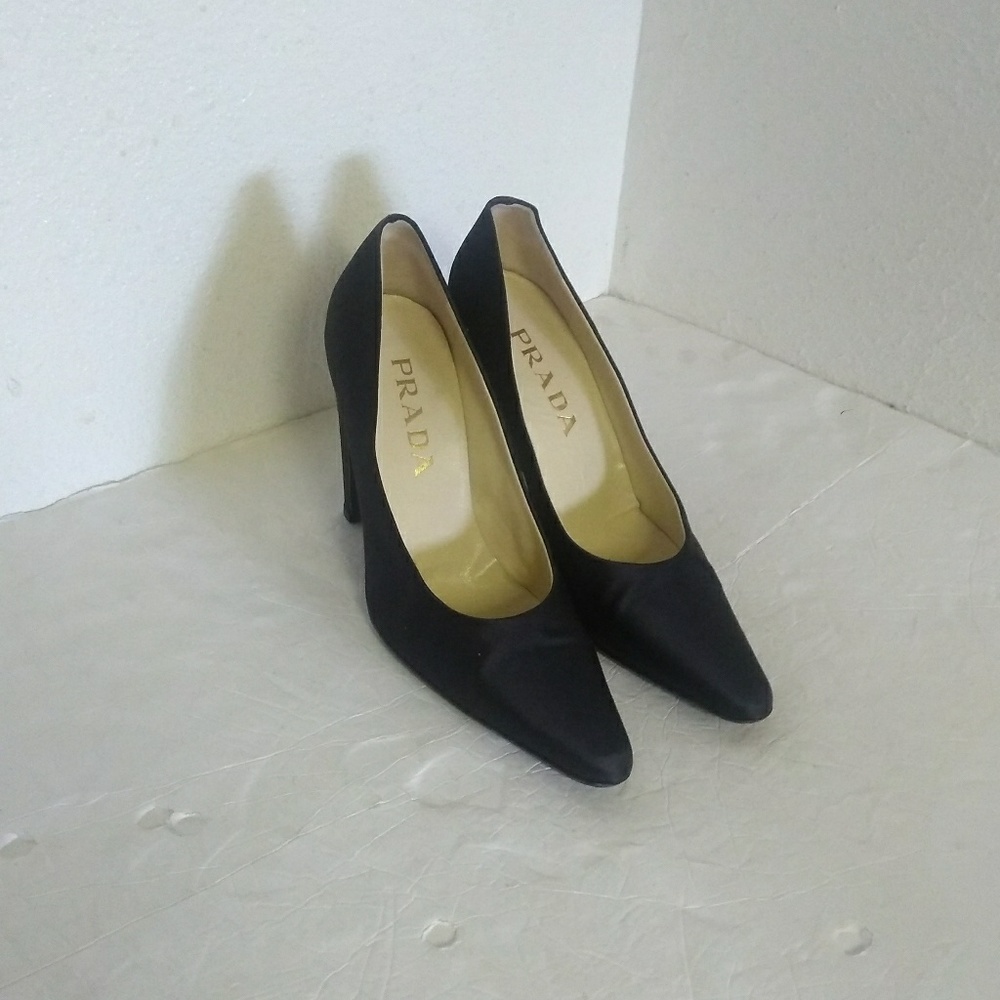 Prada Black Satin Block Heel Pump Shoes.